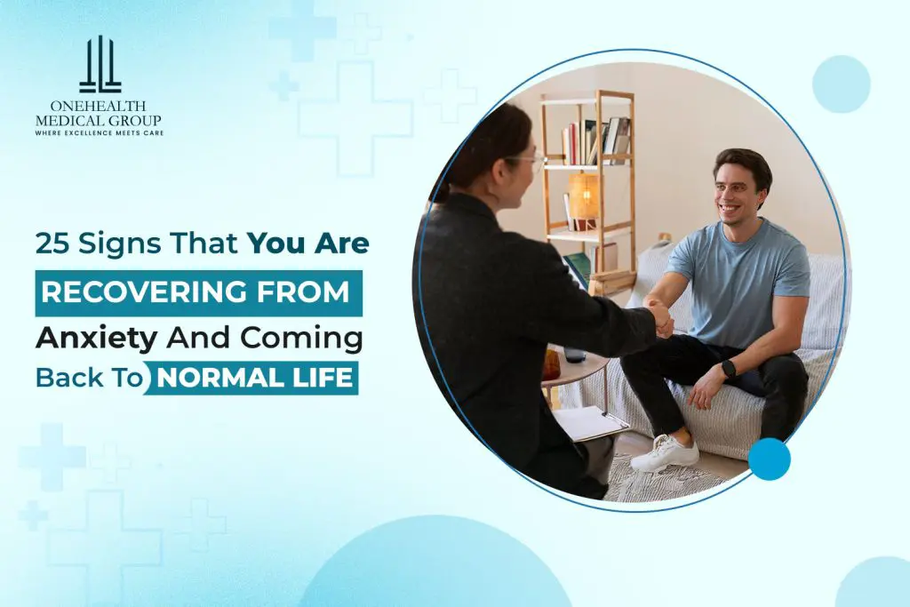 A person with anxiety meets with a therapist, showing signs of recovery and returning to normal life.