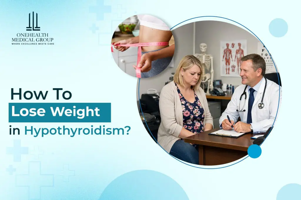 Doctor consulting patient about weight loss with hypothyroidism while woman measures waist with a tape measure.