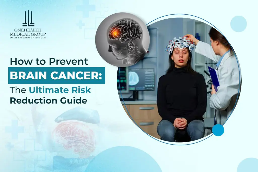 How to prevent brain cancer guide with doctor examining patient and brain scan highlighting tumor risk in medical setting